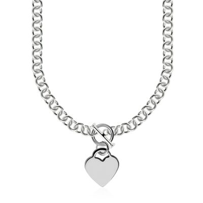 Sterling Silver Rolo Chain with a Heart Toggle Charm and Rhodium Plating