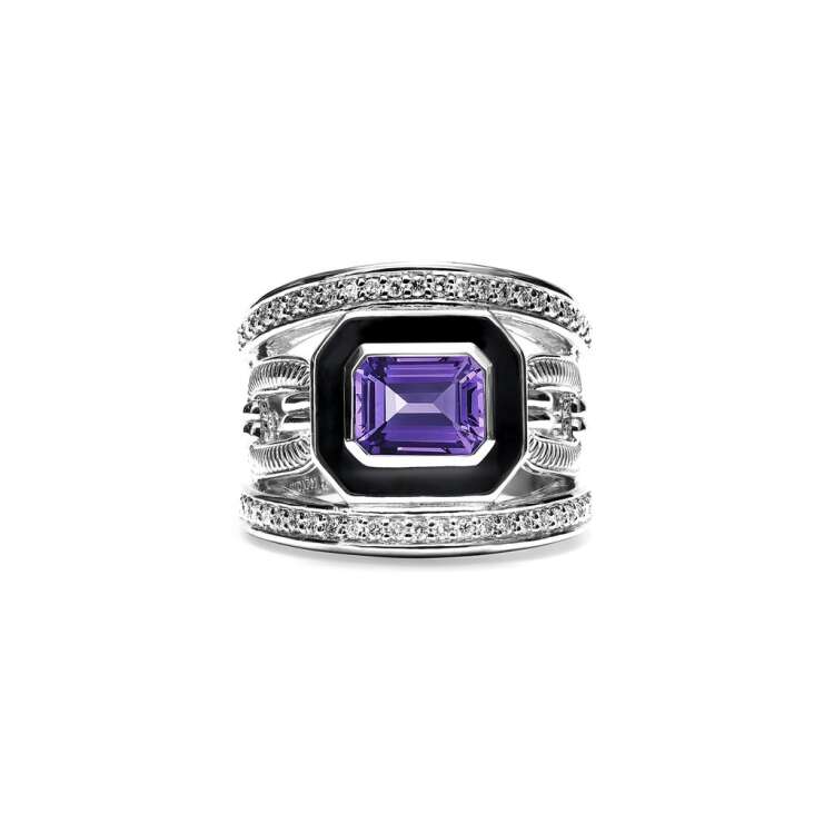 ADRIENNE BAND RING WITH ENAMEL, AMETHYST AND DIAMONDS