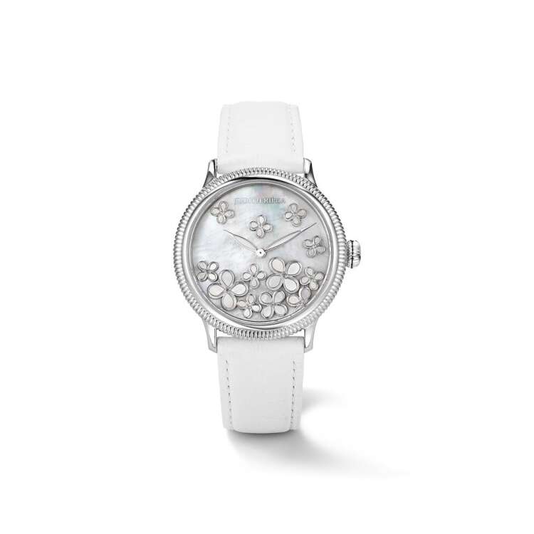 JARDIN WATCH WITH MOTHER OF PEARL, DIAMONDS AND WHITE LEATHER STRAP