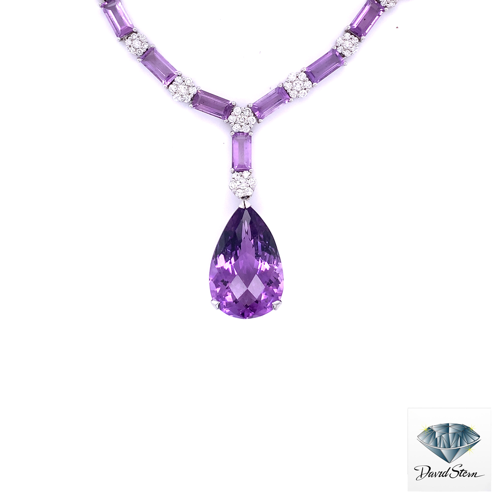 27 CT Pear Faceted Amethyst Couture Necklace in 18kt White Gold