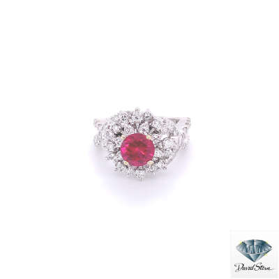 1.00 CT Round Chatham Ruby Faceted Cluster Ring in 14kt White Gold.