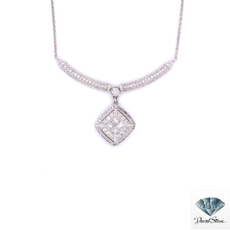 1.56 CT Square Princess Diamond Couture Necklace in 14kt White Gold.