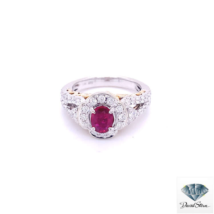 1.00 CT Oval Ruby Faceted Fashion Ring in 14kt White Gold and 14kt Yellow Gold.
