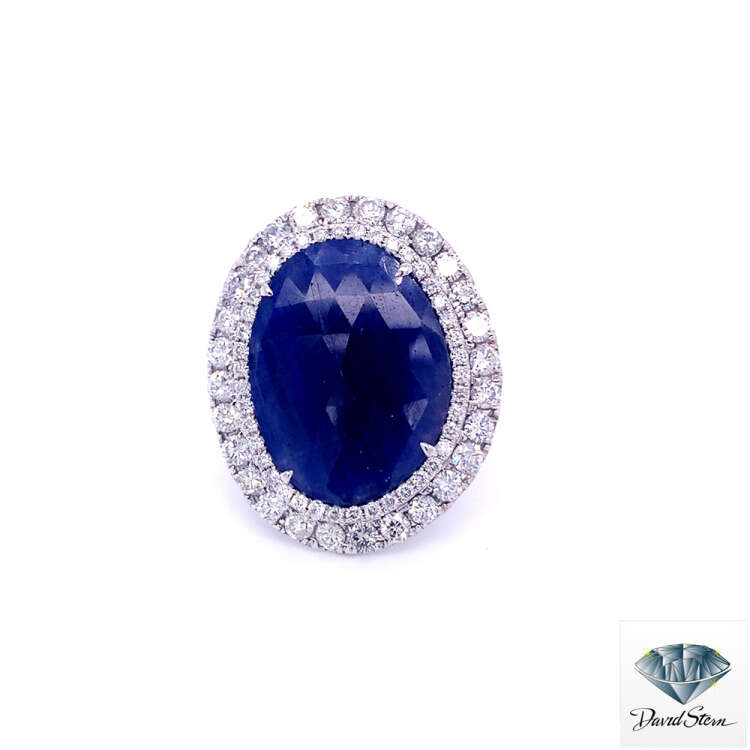 8 CT Custom Oval Sapphire Faceted cabochon Couture Ring in 14kt White Gold.
