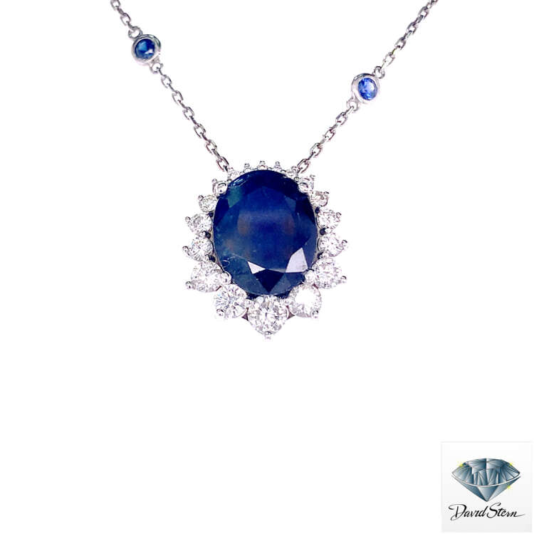 8.70 CT 14mm x 11mm Oval Faceted Sapphire Couture Necklace in 14kt White Gold with Diamonds