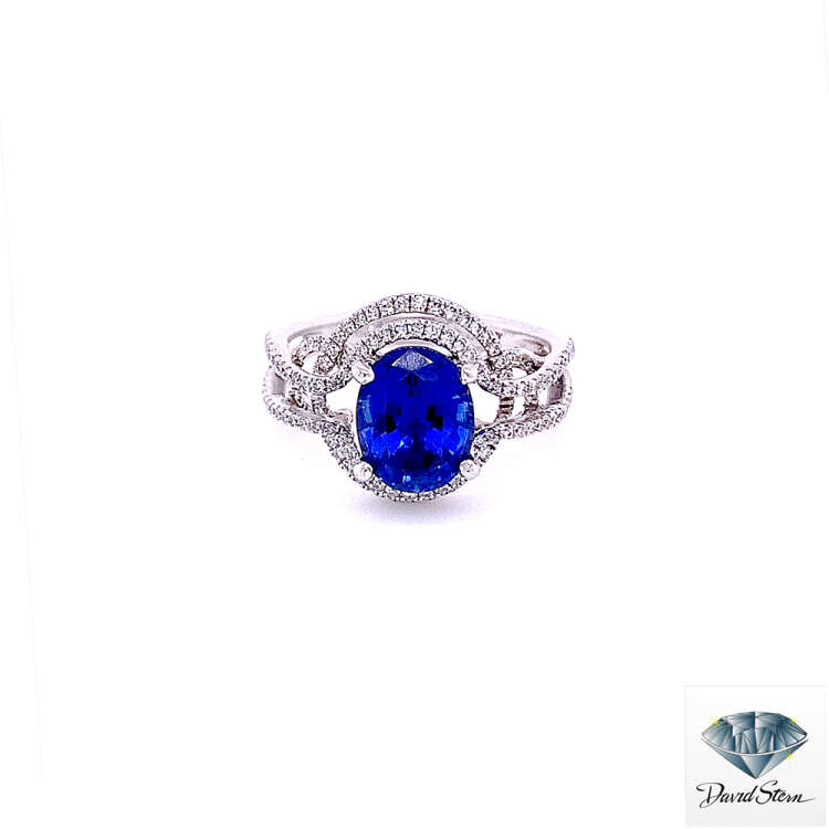 2.10 CT Oval Lab Grown Chatham Sapphire Faceted Couture Ring in 14kt White Gold with Diamonds