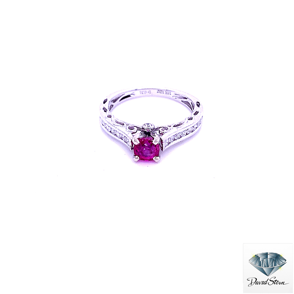 0.44 CT Round Ruby Faceted Couture Ring in 18kt White Gold