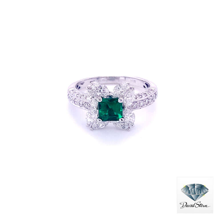 0.60 CT Square Emerald Faceted Couture Ring in 18kt White Gold