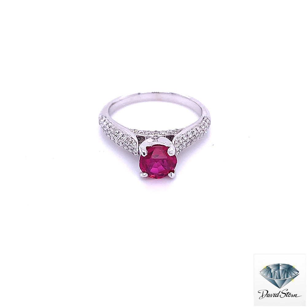 0.90 CT Chatham Ruby Round Faceted Solitaire Engagement Ring in 14kt White Gold.