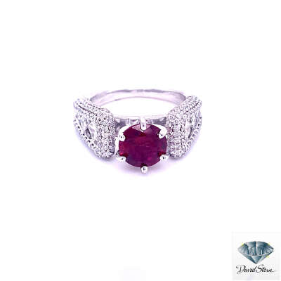 1.77 CT Ruby Round Faceted Couture Engagement Ring in 14kt White Gold