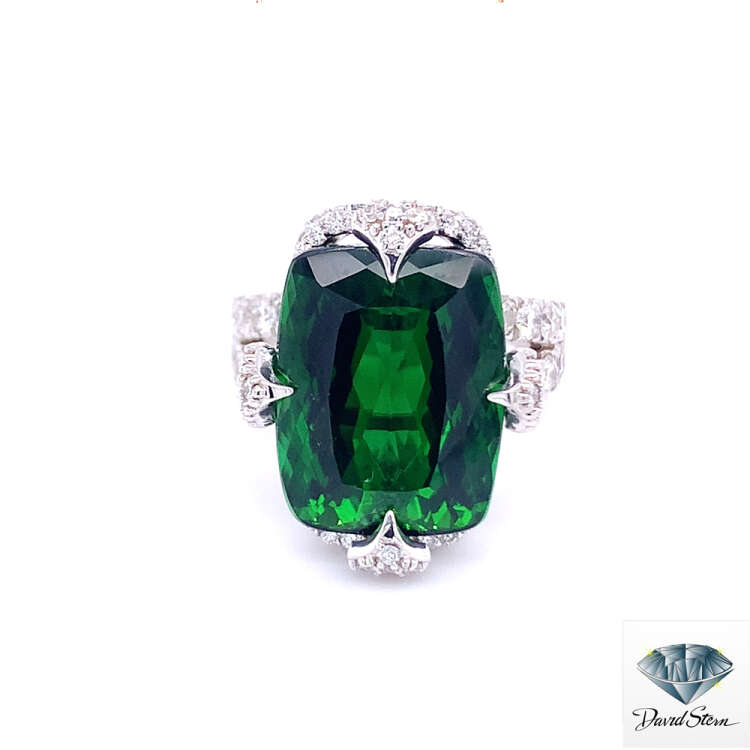 15.38 CT Cushion Tourmaline Faceted Couture Ring in 18kt White Gold.