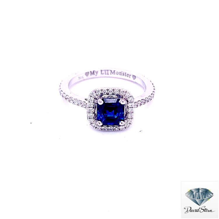 1.00 CT Square Sapphire Step cut Couture Ring in 14kt White Gold