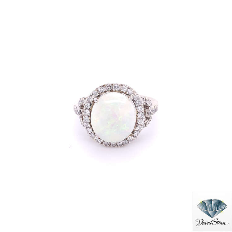 4.50 CT Oval Opal Cabochon Couture Ring in 14kt White Gold.
